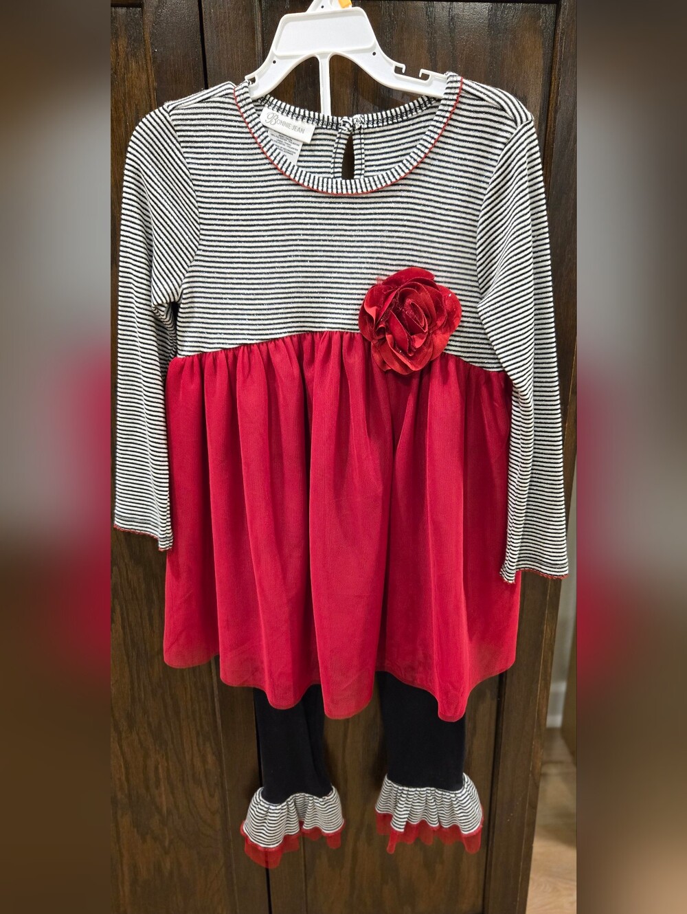 Girls Bonnie Jeans Striped Top with Red Skirt and Flower Accent